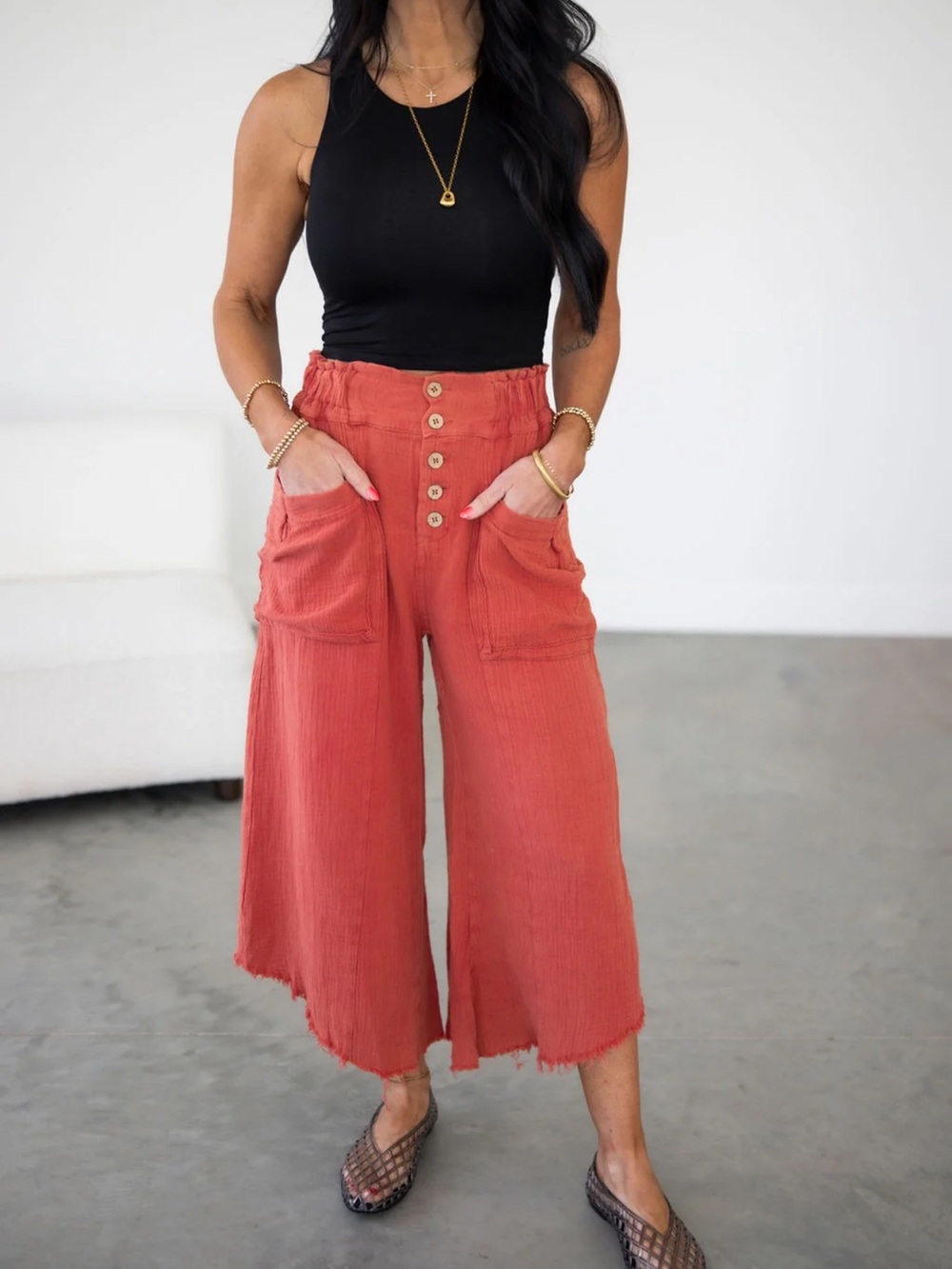 Anniewear Culotte Linen Pants Size Medium Brick Burnt Rust Cropped Stretchy